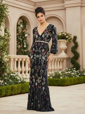 Mac Duggal Evening 93546 Midnight Multi Embellished Bishop Sleeve Gown $1798